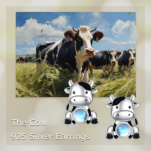 ONE: Exquisite COWS MOONSTONE Dangle Earrings 925 Sterling Silver