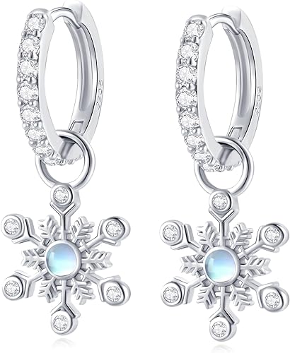 ONE:  Exquisite Snow Flake's Hoop Color: MOONSTONE  Dangle Earrings 925 Sterling Silver