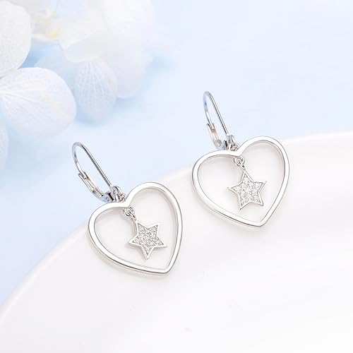 ONE:  Style: HEART STAR DROP Dangle Earrings 925 Sterling Silver