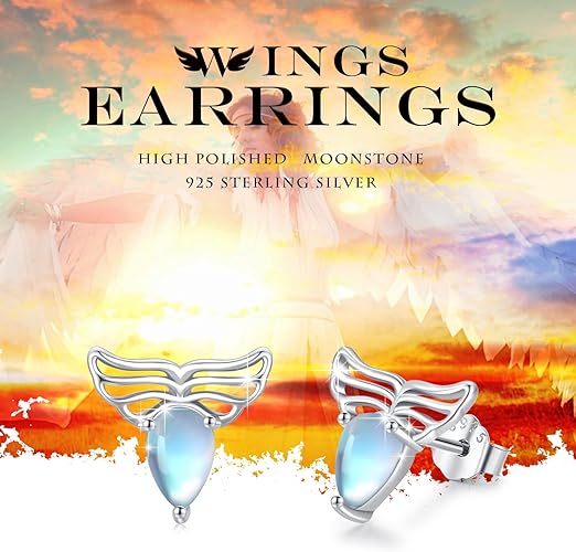 ONE:  Exquisite WINGS Stud  Color: MOONSTONE  Earrings 925 Sterling Silver
