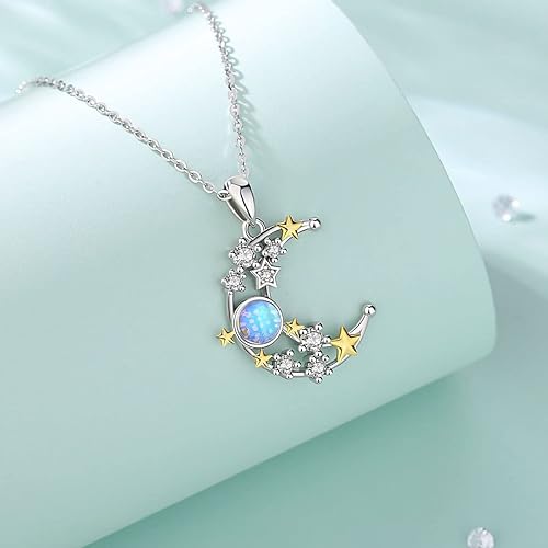 ONE :ONE :💎 Silver Sun and Moon Stars Moonstone Pendant Necklace 💎 925 Sterling Silver White Gold Plated