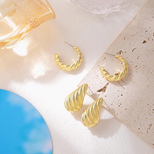 2 Pairs Earrings Set for Women, Lightweight Hollow Gold Hoops. Silver Hoop Earrings, 14k Gold Teardrop Hoop Earrings, Rhinestone Waterdrop Earrings Set