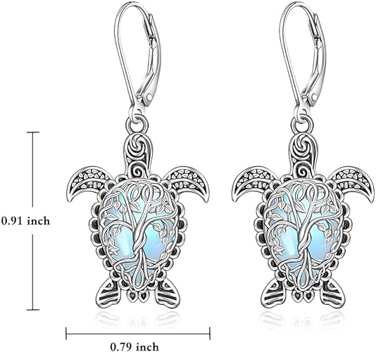 ONE: Exquisite Turtles Color: MOONSTONE Dangle Earrings 925 Sterling Silver