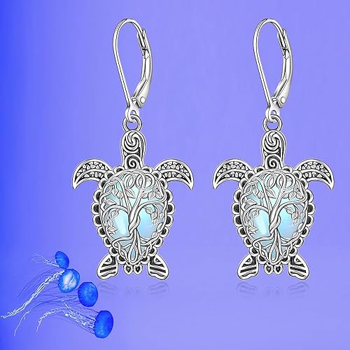 ONE: Exquisite Turtles Color: MOONSTONE Dangle Earrings 925 Sterling Silver