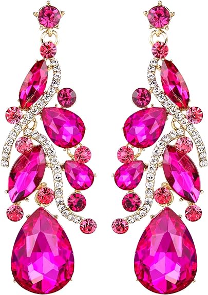 ONE PAIR: Crystal Multi Teardrop Filigree Cluster Chandelier Dangle Earrings PINK