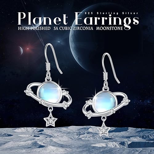 ONE: Exquisite Stud PLANET STARS Color: MOONSTONE Dangle Earrings 925 Sterling Silver