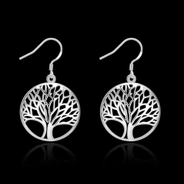 ONE Pair:  Tree of Life Earrings, 925 Sterling Silver Plated Drop Dangle Earrings