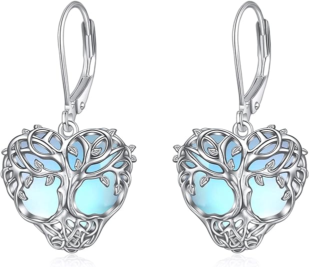 ONE: Exquisite TREE HEART MOONSTONE Dangle Earrings 925 Sterling Silver