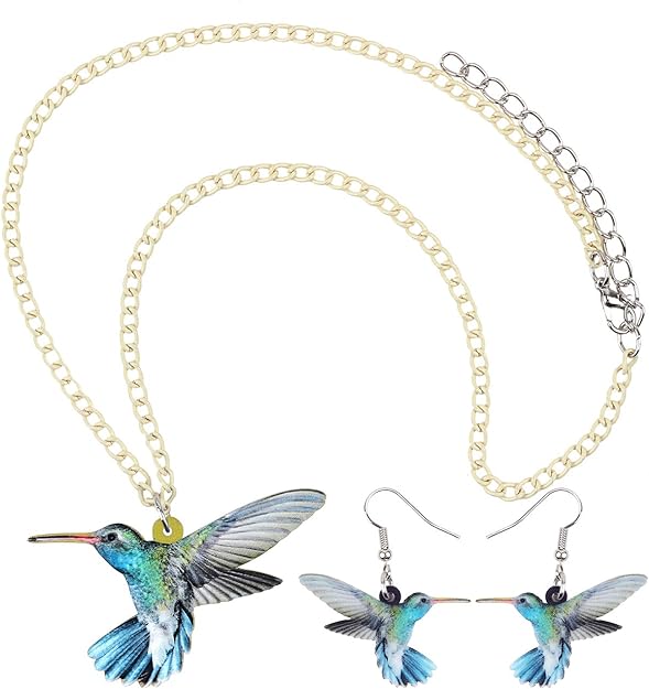 ONE: Set Pendant Necklace and Dangle Earrings SET Hummingbird Birds