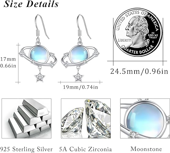 ONE: Exquisite Stud PLANET STARS Color: MOONSTONE Dangle Earrings 925 Sterling Silver