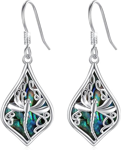 ONE: 925 Sterling Silver Abalone Dragonfly Dangling Earrings Design