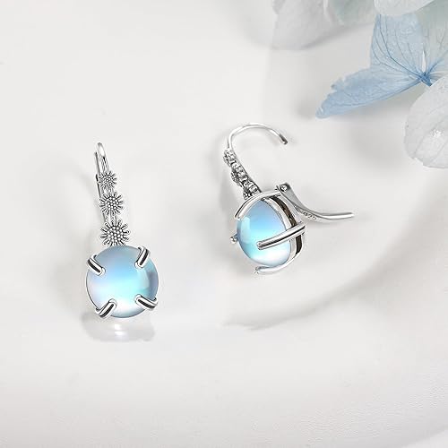 ONE:  Exquisite Sun Flower's Color: MOONSTONE  Dangle Earrings 925 Sterling Silver