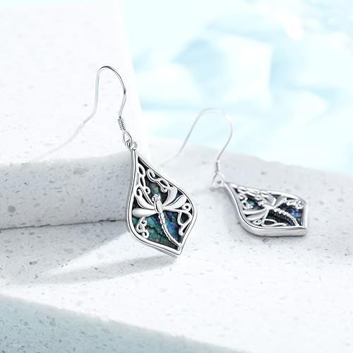 ONE: 925 Sterling Silver Abalone Dragonfly Dangling Earrings Design