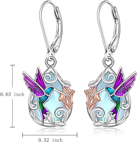 ONE: Exquisite Hummingbird Color: MOONSTONE Dangle Earrings 925 Sterling Silver