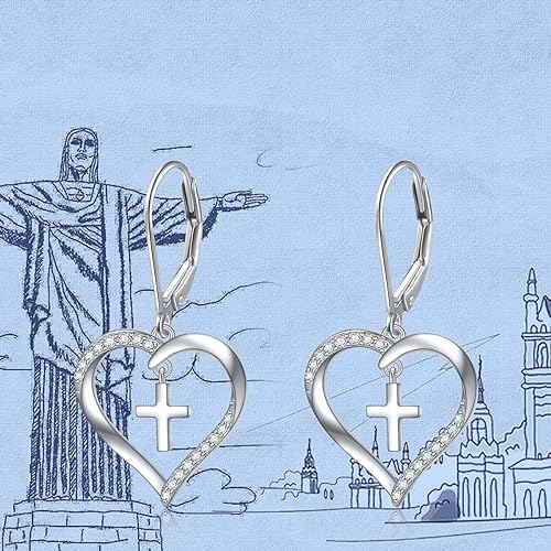 ONE:  Style: HEART QZ CROSS Dangle Earrings 925 Sterling Silver