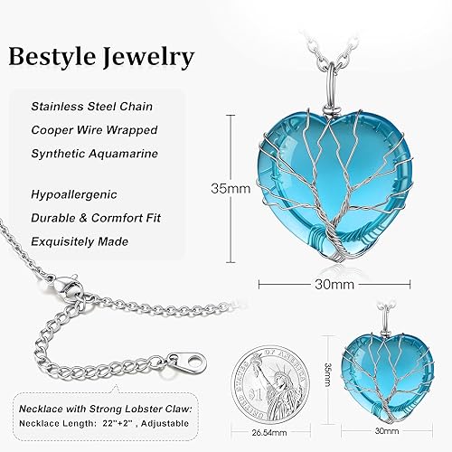 ONE: 💓Heart Tree Aquamarine Crystal March Necklace 925 Sterling Silver Necklace