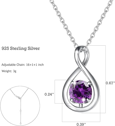 Color: Feb. Amethyst ONE: Birthstone Necklace Gifts For Women, Love Pendant Birthstone Jewelry 16+2 inch Silver Chain FEB