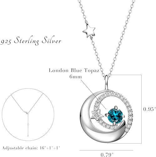 ONE :💎925 Sterling Silver London Blue Topaz Moon and Star Pendant Necklace Fine Jewelry 💎