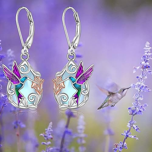 ONE: Exquisite Hummingbird Color: MOONSTONE Dangle Earrings 925 Sterling Silver