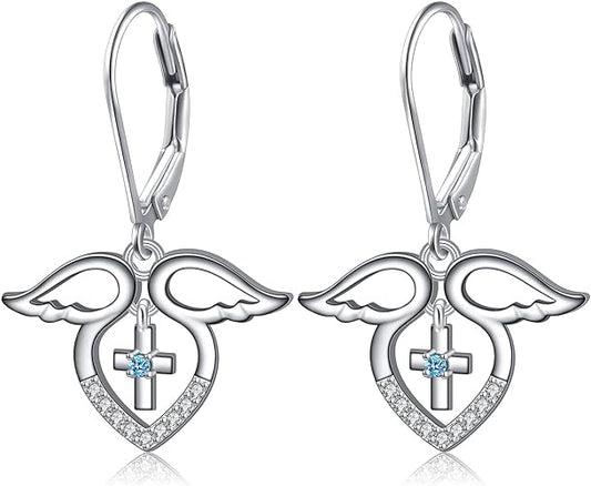 ONE:  Style: HEART CROSS WINGS Dangle Earrings 925 Sterling Silver