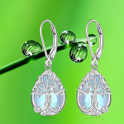 ONE: Exquisite Tree Color: MOONSTONE Dangle Earrings 925 Sterling Silver