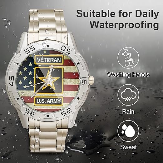 ONE: Wrist Watch Special Design Military US Army Veteran and American Flag Custom Men's Stainless Steel Analog Watch Sliver Metal Case, Tempered Glass