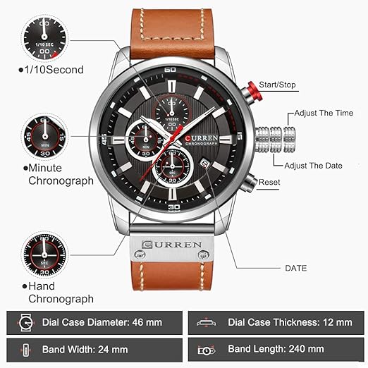 ONE:  Men's Watch Leather Strap Military Chronograph Waterproof Sport Wrist Date Quartz Wristwatch