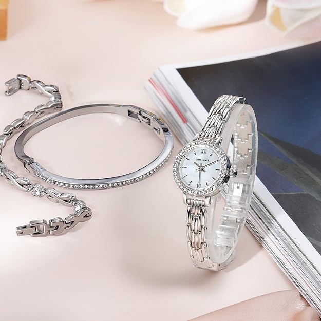ONE:  Luxury Elegant Watch and Bracelet Set for Women:  Rhinestone with Bangles