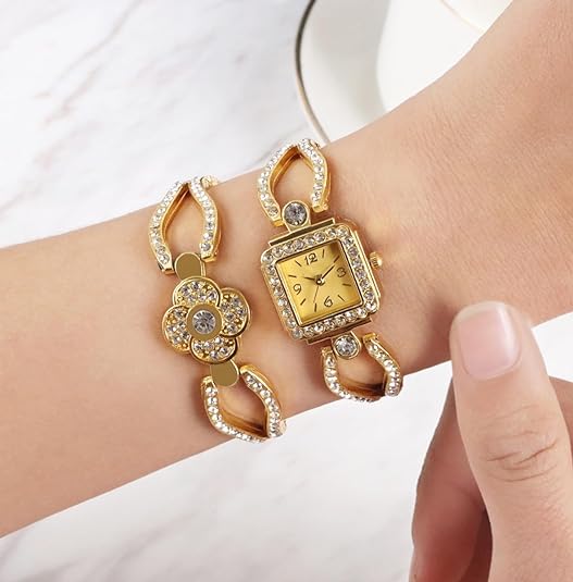 ONE:  Luxury Elegant Watch and Bracelet Set for Women:  Rhinestone with Bangles