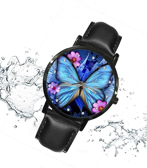 ONE: Wrist Watch for Men and Women Color: Blue Flower Butterfly Pattern