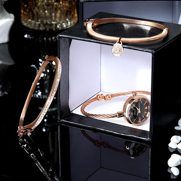 ONE:  Luxury Elegant Watch and Bracelet Set for Women:  Rhinestone with Bangles