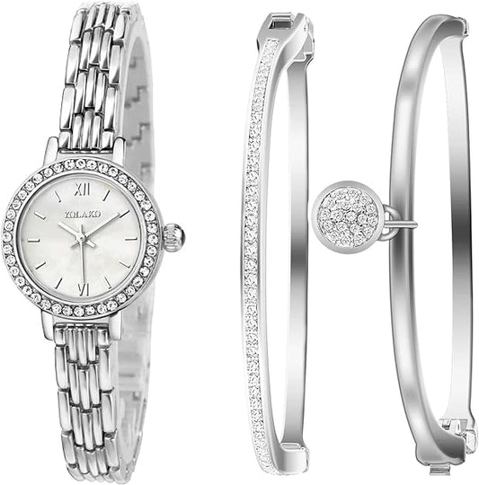 ONE:  Luxury Elegant Watch and Bracelet Set for Women:  Rhinestone with Bangles