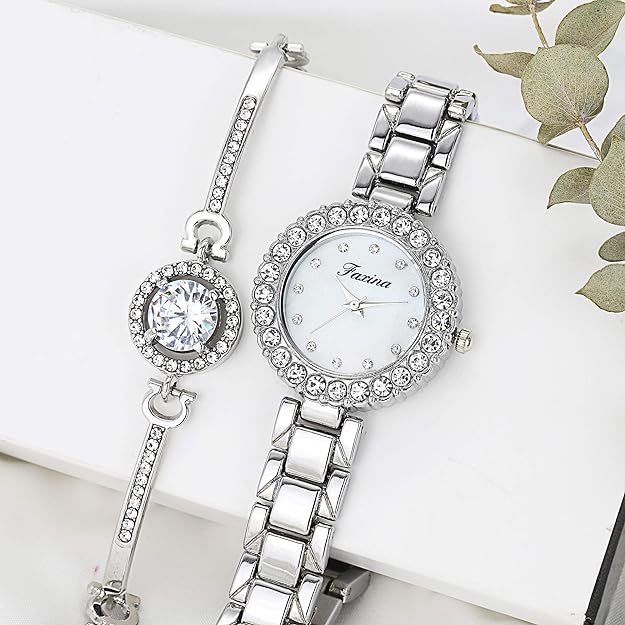 ONE:  Luxury Elegant Watch and Bracelet Set for Women:  Rhinestone with Bangles