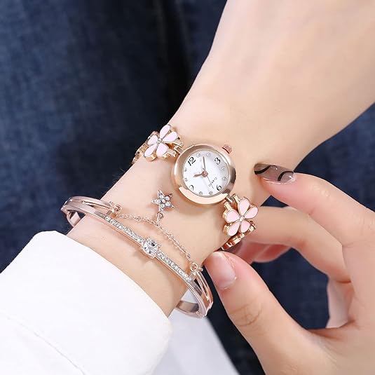ONE:  Luxury Elegant Watch and Bracelet Set for Women:  Rhinestone with Bangles