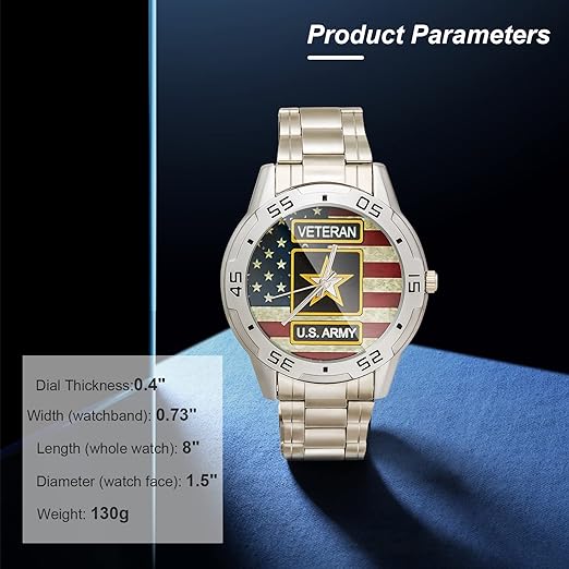 ONE: Wrist Watch Special Design Military US Army Veteran and American Flag Custom Men's Stainless Steel Analog Watch Sliver Metal Case, Tempered Glass