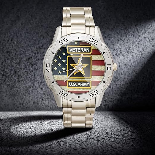 ONE: Wrist Watch Special Design Military US Army Veteran and American Flag Custom Men's Stainless Steel Analog Watch Sliver Metal Case, Tempered Glass