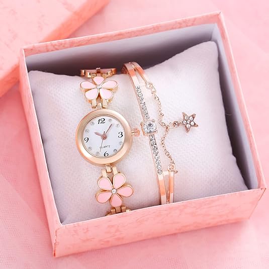 ONE:  Luxury Elegant Watch and Bracelet Set for Women:  Rhinestone with Bangles