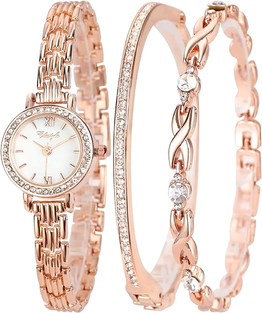 ONE:  Luxury Elegant Watch and Bracelet Set for Women:  Rhinestone with Bangles