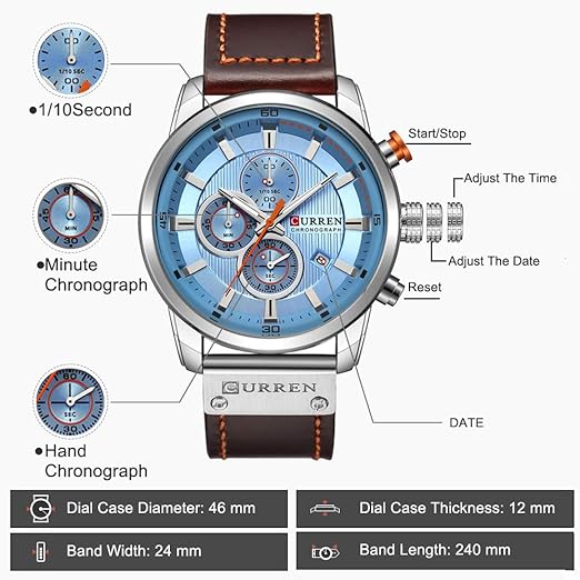 ONE:  Men's Watch Leather Strap Military Chronograph Waterproof Sport Wrist Date Quartz Wristwatch