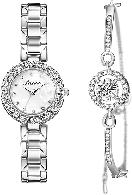 ONE:  Luxury Elegant Watch and Bracelet Set for Women:  Rhinestone with Bangles