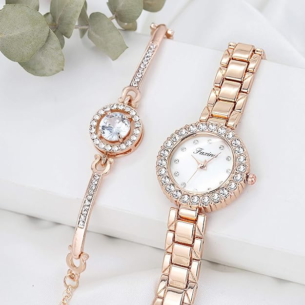 ONE:  Luxury Elegant Watch and Bracelet Set for Women:  Rhinestone with Bangles