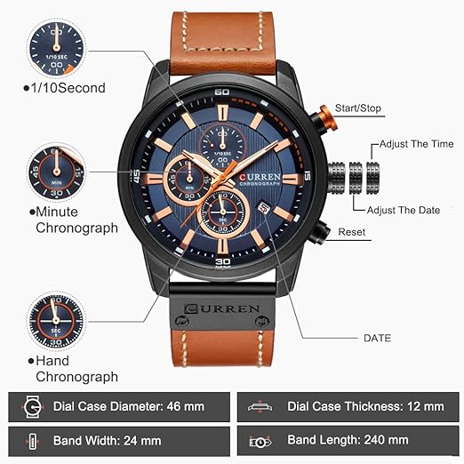 ONE:  Men's Watch Leather Strap Military Chronograph Waterproof Sport Wrist Date Quartz Wristwatch