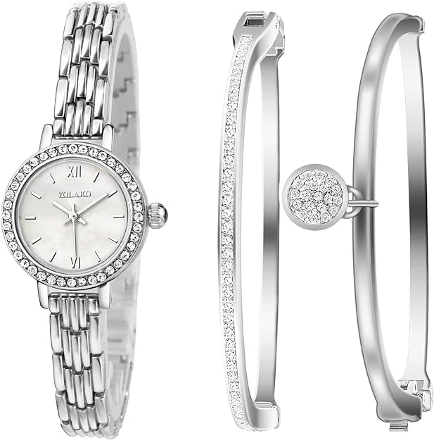ONE:  Luxury Elegant Watch and Bracelet Set for Women:  Rhinestone with Bangles