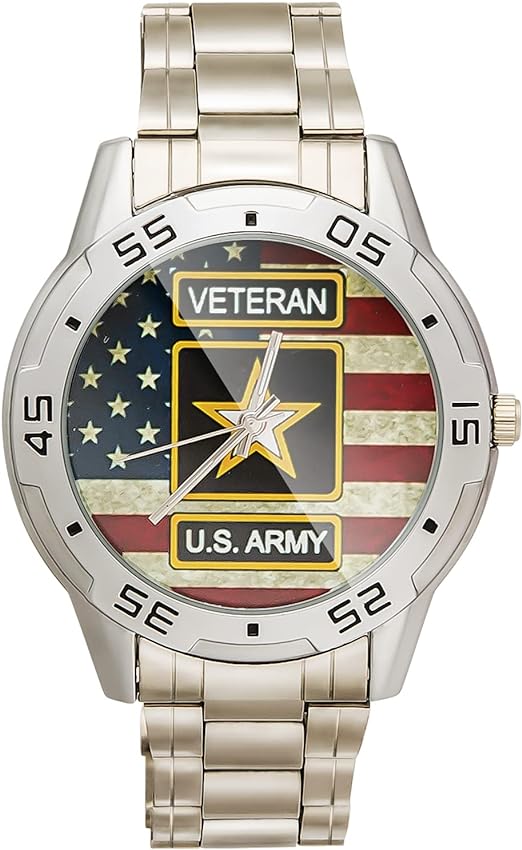 ONE: Wrist Watch Special Design Military US Army Veteran and American Flag Custom Men's Stainless Steel Analog Watch Sliver Metal Case, Tempered Glass