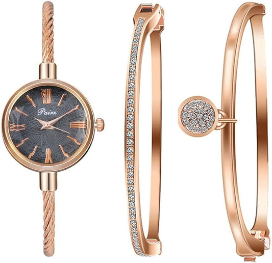 ONE:  Luxury Elegant Watch and Bracelet Set for Women:  Rhinestone with Bangles