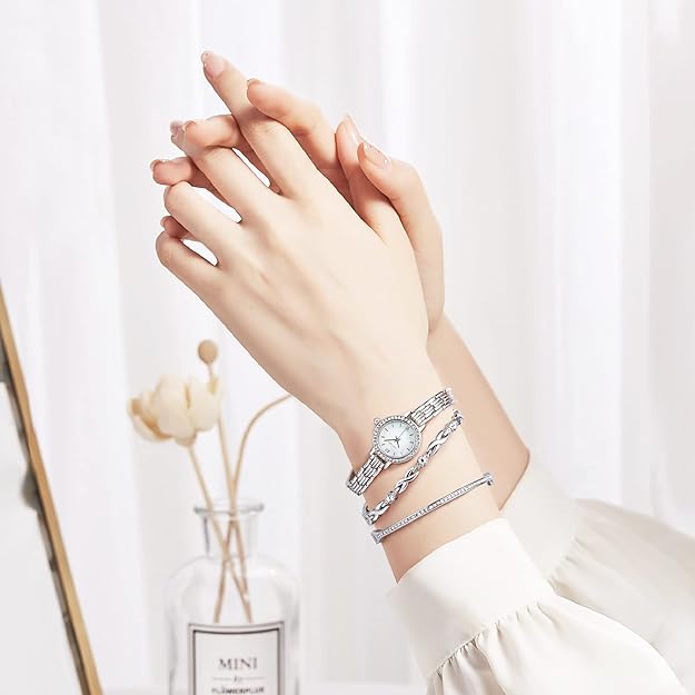 ONE:  Luxury Elegant Watch and Bracelet Set for Women:  Rhinestone with Bangles