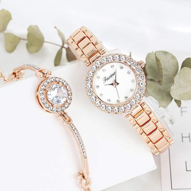 ONE:  Luxury Elegant Watch and Bracelet Set for Women:  Rhinestone with Bangles