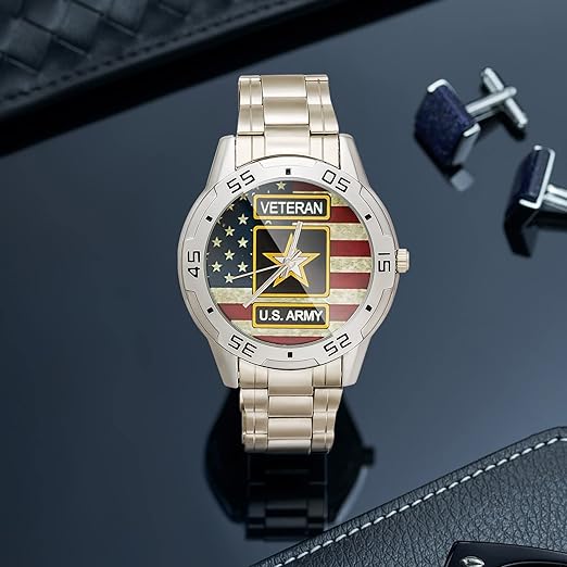 ONE: Wrist Watch Special Design Military US Army Veteran and American Flag Custom Men's Stainless Steel Analog Watch Sliver Metal Case, Tempered Glass