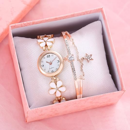 ONE:  Luxury Elegant Watch and Bracelet Set for Women:  Rhinestone with Bangles