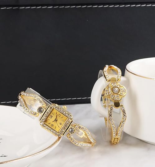 ONE:  Luxury Elegant Watch and Bracelet Set for Women:  Rhinestone with Bangles